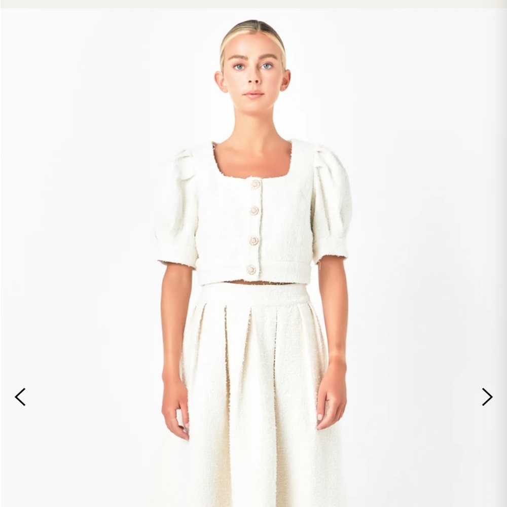 Endless Rose Cropped Ivory Tweed Puff Sleeve Top